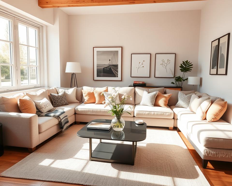 A bright, airy Airbnb living room, bathed in warm, natural light streaming through large windows. The space is meticulously staged, with a plush, neutral-toned sectional sofa, complemented by an assortment of decorative pillows and a cozy throw blanket. A sleek, modern coffee table stands in the center, with a stylish vase of fresh flowers adding a touch of elegance. The walls are adorned with minimalist, framed artwork, carefully curated to create a cohesive, visually appealing ambiance. The room exudes a sense of comfort and sophistication, inviting potential guests to envision themselves relaxing in this beautifully designed space.