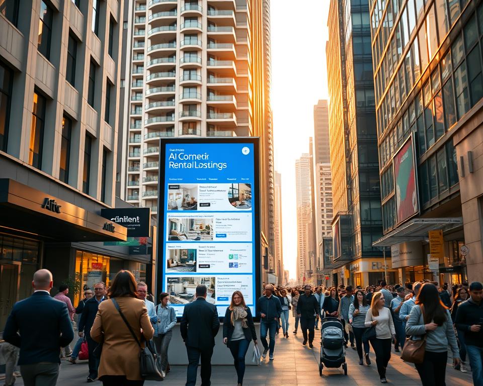 A bustling city street scene, with a towering apartment building in the background, its façade adorned with sleek, modern architecture. In the foreground, a diverse crowd of people navigates the sidewalk, some carrying briefcases, others pushing strollers. A digital display board showcases rental listings, its screen flickering with AI-generated recommendations. The lighting is warm and golden, casting a soft glow over the scene, hinting at the potential of technology to revolutionize the rental market. The overall atmosphere conveys a sense of progress, innovation, and the evolving role of AI in shaping the future of urban living.