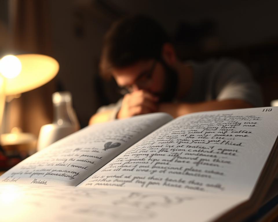 A captivating description shines with vivid details, like a well-lit close-up of an open notebook, its pages filled with handwritten notes and sketches, conveying a sense of thoughtful contemplation. In the background, a warm-toned desk lamp casts a soft, focused glow, while the blurred silhouette of a pensive individual can be seen in the distance, lost in the creative process. The overall mood is one of quiet focus and inspiration, hinting at the power of a compelling product description to captivate and engage potential customers.