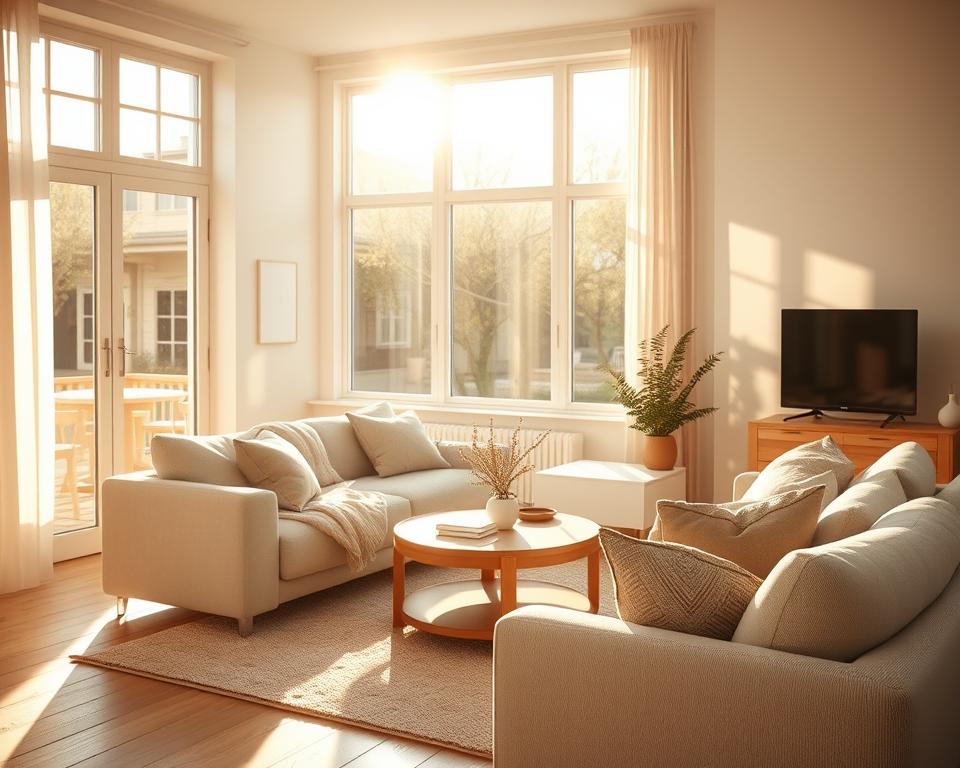 A cozy Airbnb living room flooded with warm, natural light streaming through large windows. The room has a minimalist, Scandinavian-inspired design with white walls, light wood furniture, and plush, neutral-toned textiles. Soft shadows create depth and dimension, highlighting the tactile textures of the space. Sunlight filters in, casting a golden glow and creating a serene, inviting atmosphere. The overall scene exudes a sense of tranquility and comfort, perfectly capturing the essence of "l'éclairage naturel, votre meilleur allié".