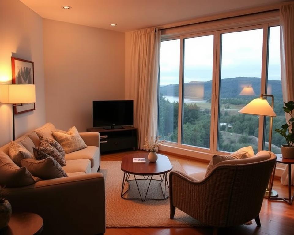 A cozy Airbnb living room with a warm, inviting atmosphere. Soft lighting casts a gentle glow, illuminating a comfortable sofa, armchair, and coffee table. Neutral-toned furnishings and natural textures create a sense of tranquility. In the background, a large window overlooks a scenic landscape, hinting at the allure of the property's location. The overall mood conveys the advantages of a reduced Airbnb price point - a welcoming, affordable haven for travelers seeking a memorable experience.