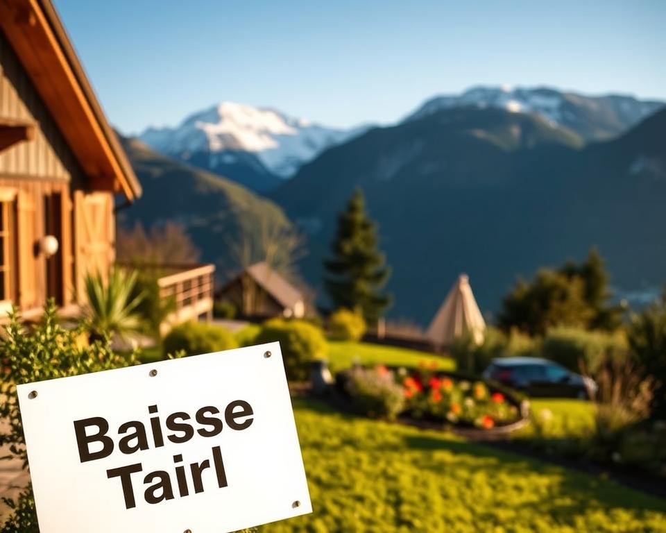 A cozy Airbnb vacation rental overlooking a scenic mountain landscape, with a prominent "Baisse Tarif" sign prominently displayed in the foreground. The scene is bathed in warm, golden afternoon light, creating a welcoming and inviting atmosphere. The middle ground features a well-tended garden with lush greenery and vibrant flowers, while the background showcases majestic snow-capped peaks against a clear, azure sky. The overall composition conveys a sense of seasonal tranquility and the potential for off-peak discounts, aligning with the article's focus on evaluating saisonnalité.