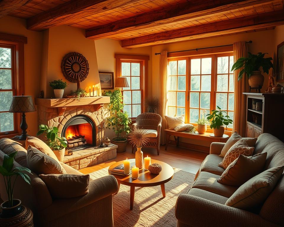 A cozy, inviting living room bathed in warm, golden light. Soft, plush furnishings in earthy tones create a welcoming ambiance. A flickering fireplace casts a gentle glow, casting dancing shadows across the space. Potted plants and candles strategically placed to add natural, soothing elements. Large windows let in just the right amount of natural light, giving the room an airy, cheerful feel. Wooden accents and vintage decor pieces lend a sense of rustic elegance. The overall atmosphere exudes comfort, relaxation and a sense of being at home.