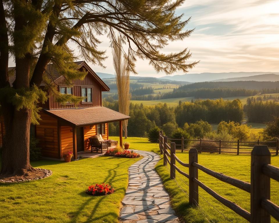 A cozy seasonal rental property nestled in a picturesque countryside setting. In the foreground, a charming two-story cottage with a warm, inviting exterior, its rustic wooden siding and gabled roof blending seamlessly with the lush, verdant landscape. Tall, swaying trees frame the scene, casting dappled shadows across the well-manicured lawn. In the middle ground, a stone pathway leads to the cottage's entrance, flanked by vibrant flower beds and a quaint wooden fence. The background features rolling hills, a distant forest, and a dreamy, soft-focus sky with wispy clouds, creating a serene, tranquil atmosphere. The lighting is soft and golden, evoking a sense of comfort and relaxation, perfectly capturing the essence of a cozy, seasonal rental retreat.