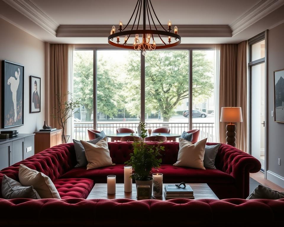 A cozy, well-appointed Airbnb suite with luxurious furnishings and décor. In the foreground, a plush, tufted velvet sofa in a rich burgundy hue, accented with soft, linen throw pillows. Overhead, a modern, wrought-iron chandelier casts a warm, ambient glow. In the middle ground, a large, wooden coffee table is adorned with decorative candles and a lush, potted plant. Along the back wall, floor-to-ceiling windows offer a picturesque view of a tranquil, tree-lined street outside. Soft, diffused lighting creates a serene, inviting atmosphere, while carefully curated art and textiles evoke a sense of comfort and sophistication.
