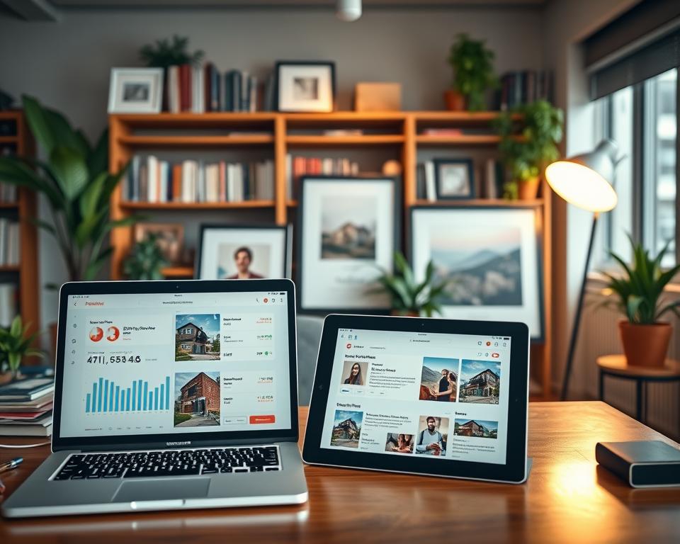 A cozy, well-lit office setting showcasing three Airbnb case studies. In the foreground, a laptop displays rental statistics and customer reviews. On the desk, a tablet highlights property listings and booking details. In the middle ground, framed photos of satisfied guests and 5-star ratings are prominently displayed. The background features floor-to-ceiling bookshelves, potted plants, and warm task lighting, creating an atmosphere of professionalism and success. The overall scene conveys the insights and experiences of seasoned Airbnb hosts, ready to share their strategies for improving visibility and occupancy.