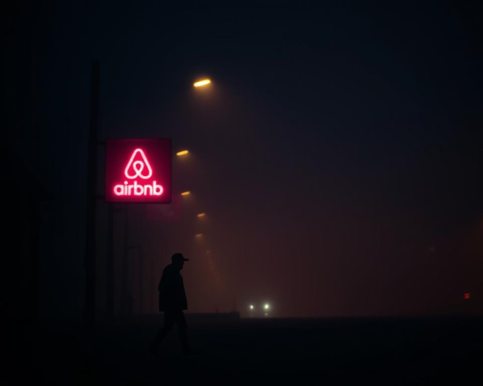 A dimly lit street at dusk, with a neon "Airbnb" sign barely visible through the foggy haze. The scene evokes a sense of isolation and lack of visibility, with the Airbnb listing obscured and hard to discern. In the foreground, a lone pedestrian walks by, their silhouette barely discernible. The middle ground features a blurred, indistinct cityscape, hinting at the broader context but without clear detail. The background is shrouded in a soft, atmospheric mist, creating a sense of mystery and distance. The overall mood is one of obscurity and limited information, reflecting the challenges of making a listing stand out in a crowded marketplace.
