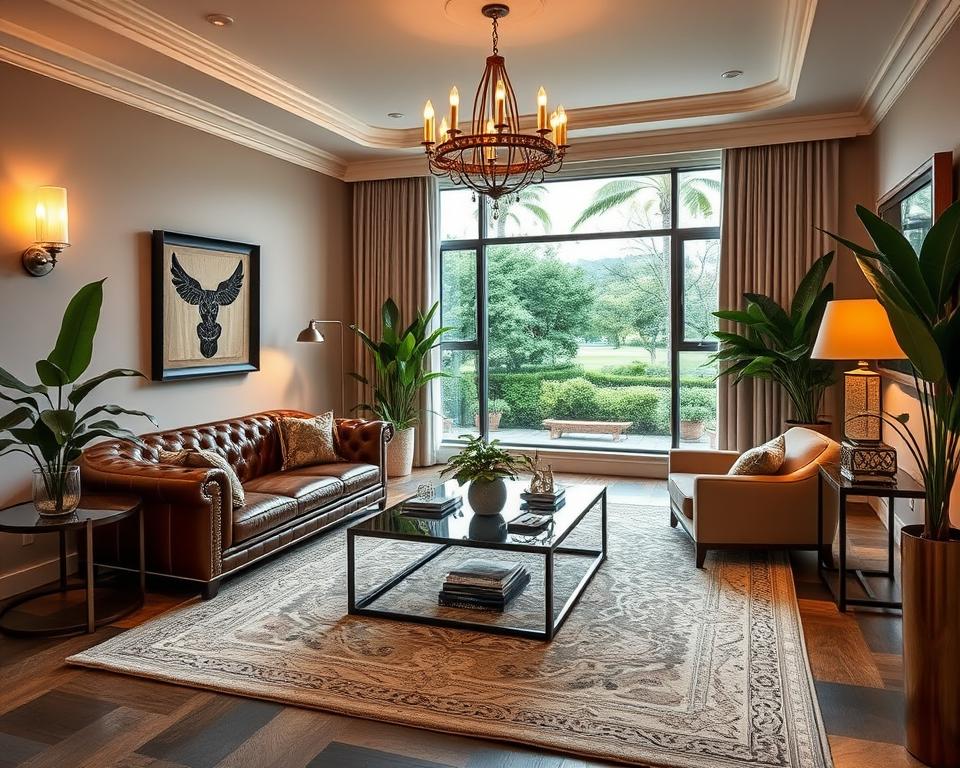 A lavish, well-appointed Airbnb suite with elegant décor and a sophisticated ambiance. The room features plush, neutral-toned furnishings, including a tufted leather sofa, a luxurious area rug, and sleek, modern end tables. Lush, verdant plants add pops of greenery, while warm, indirect lighting from sconces and a central chandelier create a cozy, inviting atmosphere. Large windows allow natural light to flood the space, offering a view of a serene, park-like setting outside. Subtle, high-end accents like metallic accents, artful wall hangings, and carefully curated accessories lend an air of refined luxury to the scene.