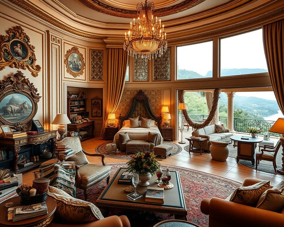 A luxurious Airbnb vacation rental showcasing common mistakes to avoid in high-end listings. The foreground depicts a lavishly furnished living room with ornate decor, elegant furnishings, and plush textiles, but cluttered with too many unnecessary items. The middle ground features a bedroom with an opulent, oversized bed and chandelier, but the space feels crowded and lacks cohesive style. In the background, an expansive outdoor terrace overlooks a picturesque landscape, but the furniture and styling appear dated and haphazard. Soft, warm lighting illuminates the scene, creating a sense of grandeur, but the overall impression feels inauthentic and lacking in thoughtful, intentional design. The image conveys a cautionary tale of how excessive luxury can backfire in Airbnb listings, emphasizing the importance of balance, restraint, and a curated aesthetic.