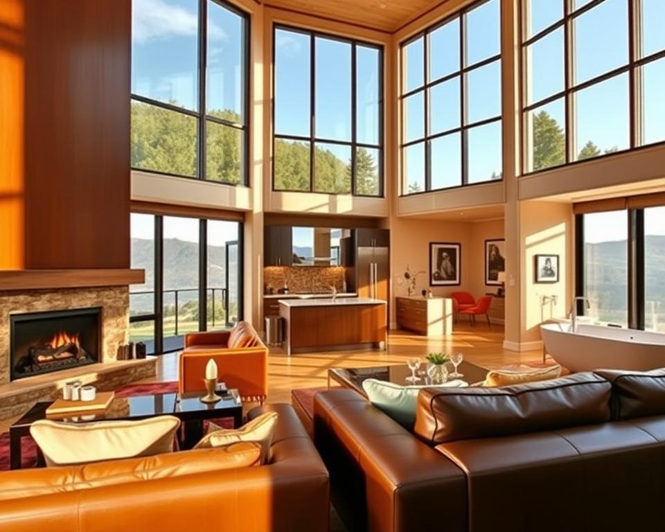 A luxurious Airbnb vacation rental, showcasing the epitome of high-end hospitality. The foreground depicts a meticulously designed living room, with plush leather sofas, a grand fireplace, and floor-to-ceiling windows offering breathtaking views of a serene landscape. The middle ground features a well-appointed kitchen, complete with gleaming stainless steel appliances and a large central island. In the background, a lavish bedroom suite with a king-sized bed, elegant furnishings, and an ensuite bathroom with a freestanding bathtub. Warm, natural lighting floods the space, creating a cozy and inviting atmosphere. The overall scene conveys a sense of opulence, comfort, and attention to detail that would captivate any discerning Airbnb traveler.