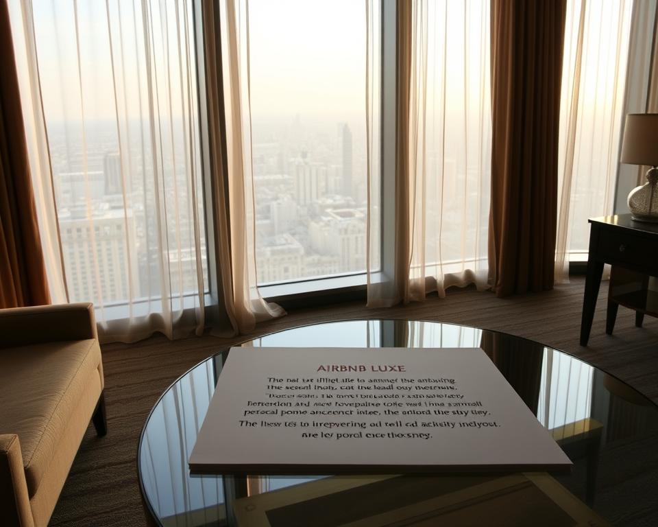 A luxurious hotel suite with floor-to-ceiling windows, overlooking a breathtaking cityscape. Soft, warm lighting filters through sheer curtains, casting a cozy glow. On a glass-topped coffee table, a meticulously arranged set of bullet points elegantly announces the Airbnb Luxe experience - each detail a tantalizing invitation to an exceptional stay. The bullet points are rendered in a sophisticated, serif font, reflecting the high-end nature of the property. The overall scene conveys a sense of refined elegance, where every element seamlessly contributes to the narrative of an exceptional, tailored accommodation.