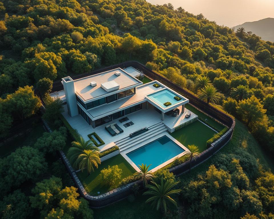 A luxurious seasonal rental villa nestled in a lush, verdant landscape, captured from a bird's-eye view using a high-quality drone. The villa's sleek, modern architecture seamlessly blends with its natural surroundings, boasting a spacious outdoor terrace, a shimmering pool, and meticulously manicured gardens. The scene is bathed in warm, golden sunlight, creating a serene and inviting atmosphere. The camera's angle emphasizes the villa's elegant lines and the breathtaking panoramic vistas, showcasing the property's premium location and high-end appeal.