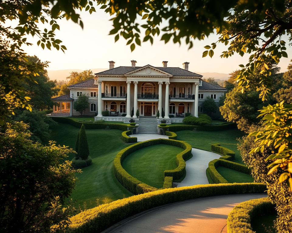 A luxurious villa nestled amidst lush greenery, its grand façade bathed in warm, golden light. In the foreground, a wide-angle lens captures the sweeping architectural details - ornate columns, intricate cornices, and expansive windows that seem to invite the viewer inside. The middle ground showcases the villa's immaculate landscaping, with neatly trimmed hedges and a winding path leading towards the entrance. In the background, a hazy horizon suggests the villa's secluded, prestigious location. The overall atmosphere evokes a sense of opulence, elegance, and the photographer's keen eye for capturing the essence of this grand, luxury property.
