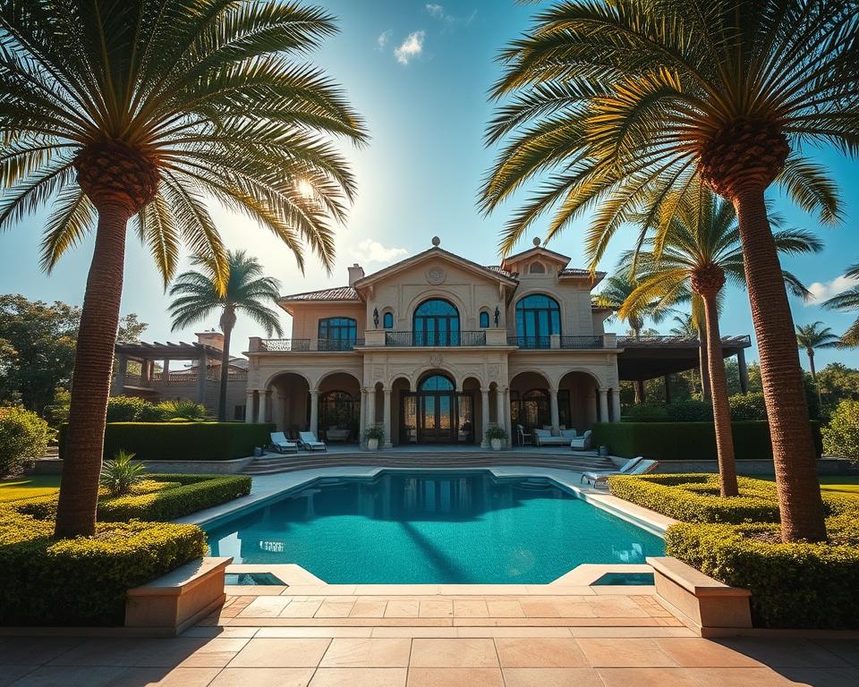 A luxurious villa nestled in a lush, verdant landscape, basking in the warm glow of the sun. The grand, ornate entrance beckons, flanked by towering palm trees and manicured hedges. Elegant architectural details, such as arched windows and intricate stone carvings, add an air of sophistication. A tranquil infinity pool reflects the azure sky, inviting guests to indulge in a serene, relaxing experience. Plush, contemporary furnishings and high-end amenities within the villa suggest an unparalleled level of comfort and exclusivity. This picturesque scene exudes an atmosphere of refined opulence, perfectly capturing the essence of "titre location luxe".