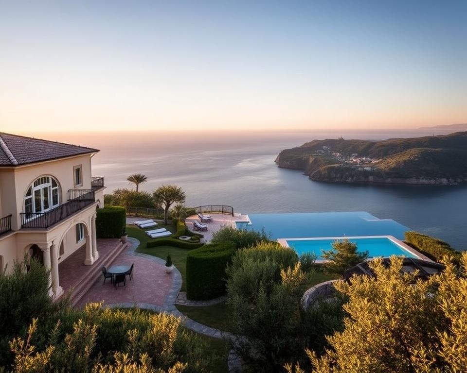 A luxurious villa nestled in a picturesque coastal landscape, with a panoramic view of the azure sea. The foreground showcases the villa's elegant exterior, featuring a grand entryway, balconies, and a well-manicured garden. The middle ground includes a private infinity pool that seamlessly blends with the horizon, creating a sense of tranquility. In the background, rolling hills dotted with olive trees and a distant, hazy silhouette of a quaint seaside town set the scene. The lighting is soft and warm, evoking a golden hour ambiance, while the camera angle captures the villa's grandeur and the breathtaking natural surroundings.
