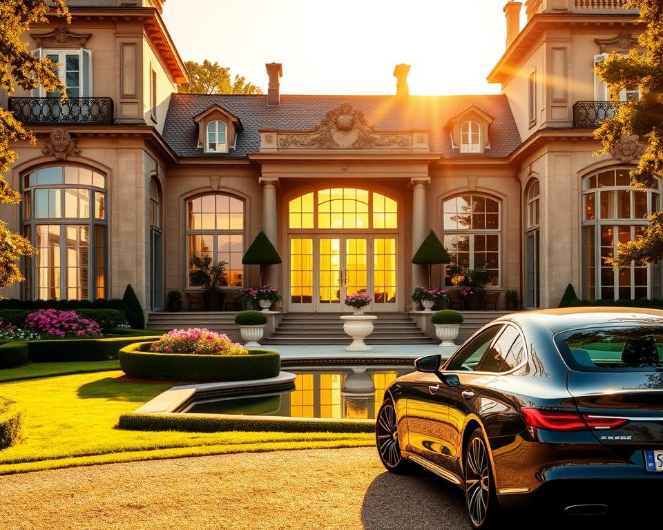 A luxurious villa nestled in the French countryside, bathed in warm, golden sunlight filtering through large windows. The grand entrance features ornate stone columns and intricate wrought-iron details. The elegant façade is complemented by a meticulously manicured garden, with sculpted hedges, blooming flowers, and a serene reflecting pool. In the foreground, a luxury sedan is parked, hinting at the high-end amenities and services within. The scene conveys a sense of exclusivity, sophistication, and the epitome of French opulence, perfectly capturing the essence of the "titre location luxe" concept.