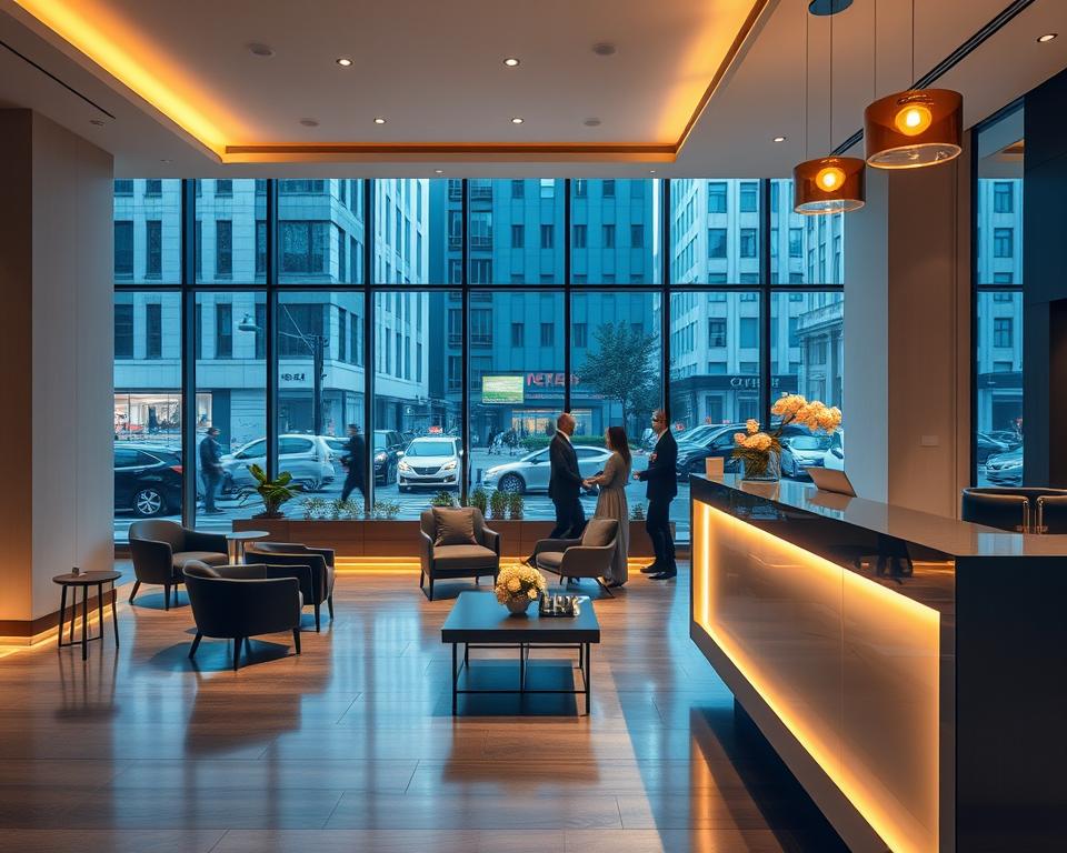 A modern, minimalist hotel lobby with a stylish reception desk in the foreground. Warm, diffused lighting from overhead fixtures creates a welcoming ambiance. Tasteful, contemporary furnishings including sleek chairs and a low coffee table in the middle ground. Large windows in the background offer a view of a bustling city street outside, with people passing by. The scene conveys a sense of professionalism and attention to detail, reflecting the "conditions réservation" for booking accommodations.