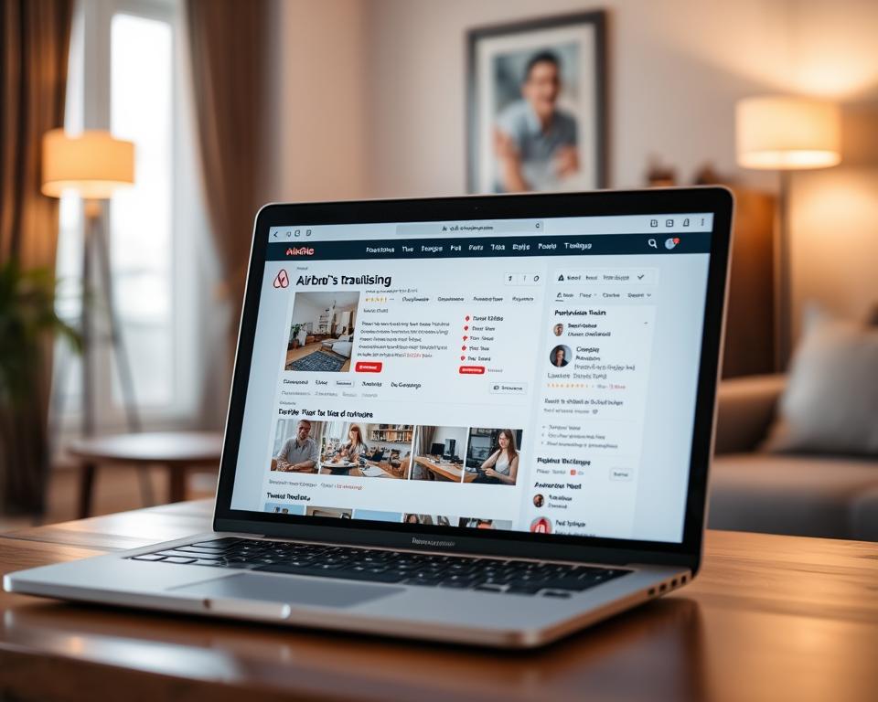 A multilingual Airbnb listing displayed on a laptop screen, set against a blurred background of a cozy apartment interior. The listing showcases property details, amenities, and reviews in several languages, reflecting the diverse audience of global travelers. The scene conveys a sense of cosmopolitan charm and inclusivity, with warm lighting and a subtle, inviting atmosphere. The image should capture the common mistakes and challenges associated with translating vacation rental listings, emphasizing the importance of professional, high-quality multilingual content.