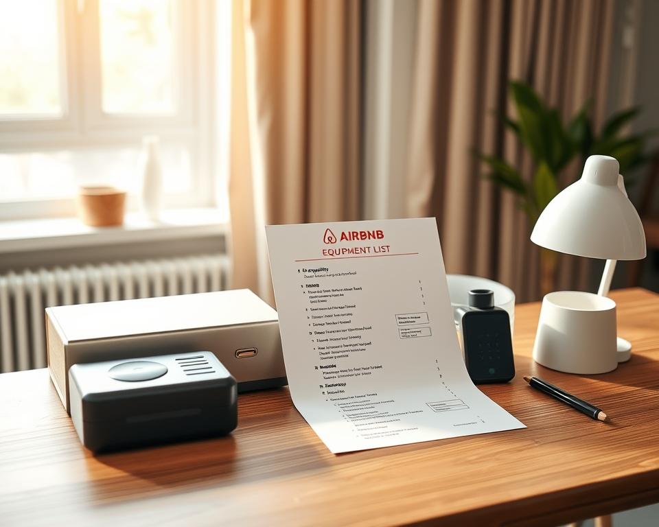 A sleek, modern Airbnb equipment list displayed on a stylish, minimalist wooden desk. The items are arranged in a clean, visually appealing bullet point layout, showcasing high-quality, thoughtfully-chosen amenities that would appeal to discerning travelers. Soft, natural lighting from a large window casts a warm glow, creating an atmosphere of refined simplicity. The camera angle is slightly elevated, capturing the arrangement at an optimal perspective. The overall impression is one of thoughtful curation and attention to detail, reflecting the "optimization for searches" theme of the article section.