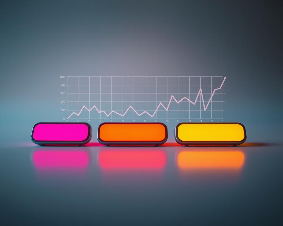 A sleek, modern data visualization depicting the "Frequency of Calls to Action". In the foreground, a series of bold, colorful call-to-action buttons, each with a distinct shape and size, arranged in a dynamic, rhythmic pattern. The buttons are backlit, creating a vibrant, attention-grabbing effect. In the middle ground, a minimalist grid or chart visualizing the relative frequency and repetition of these calls to action, using clean lines, muted tones, and subtle data visualization elements. The background is a soft, slightly blurred gradient, providing a sense of depth and emphasis on the central visualization. The overall mood is one of clarity, emphasis, and a keen focus on the importance of strategic call-to-action placement.