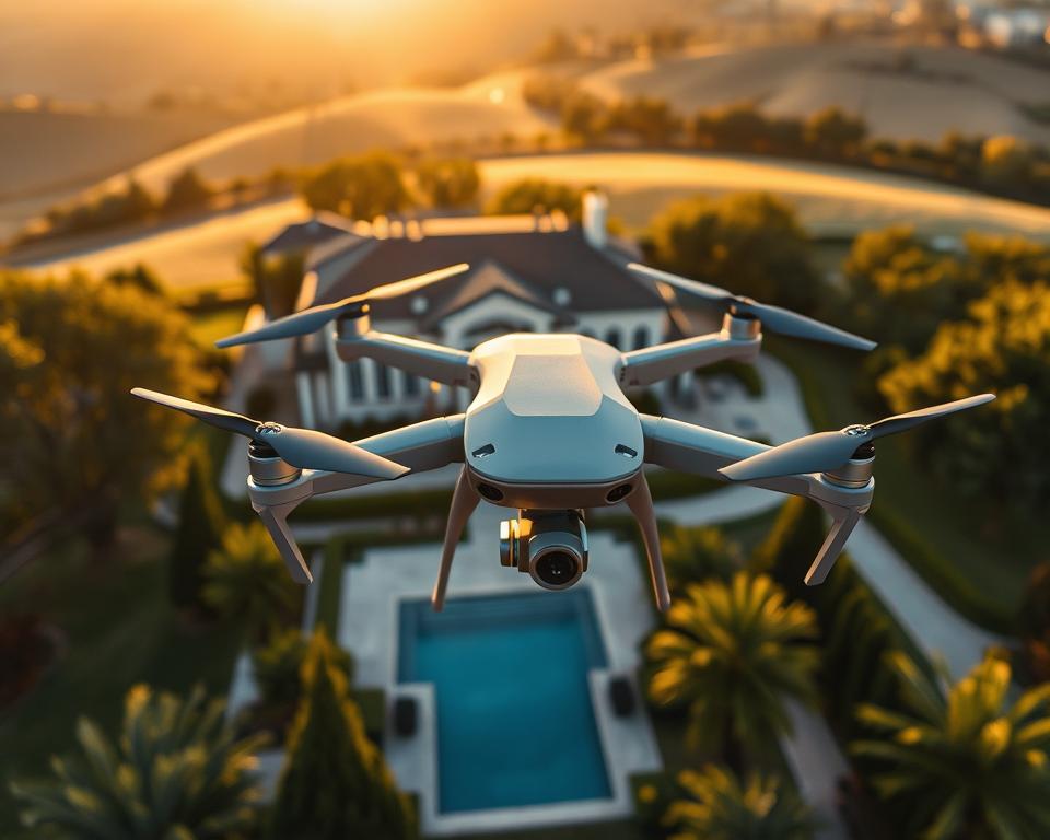 A sleek, modern drone hovered gracefully above a luxurious property, its camera capturing a sweeping aerial view. The sun's golden rays cast a warm glow over the stately mansion, accentuating its elegant architecture and manicured grounds. In the foreground, the drone's sleek, aerodynamic silhouette stood in sharp contrast, its propellers casting delicate shadows on the scene below. The middle ground revealed lush, verdant gardens and a tranquil swimming pool, while the background showcased the rolling hills and distant horizon. The overall impression was one of sophistication, exclusivity, and high-end real estate, perfectly suited to showcase this premium property.