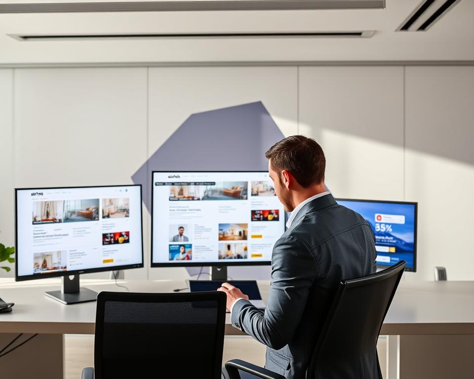 A sleek, modern office interior with a large desk and multiple computer screens displaying various Airbnb listings. In the foreground, a person in a business casual outfit closely examines the screen, comparing prices and details across competitor offerings. The lighting is soft and natural, creating a focused, analytical atmosphere. The background features abstract geometric patterns and shapes, hinting at the data-driven nature of the task. The overall scene conveys a sense of strategic market research and competitive analysis.