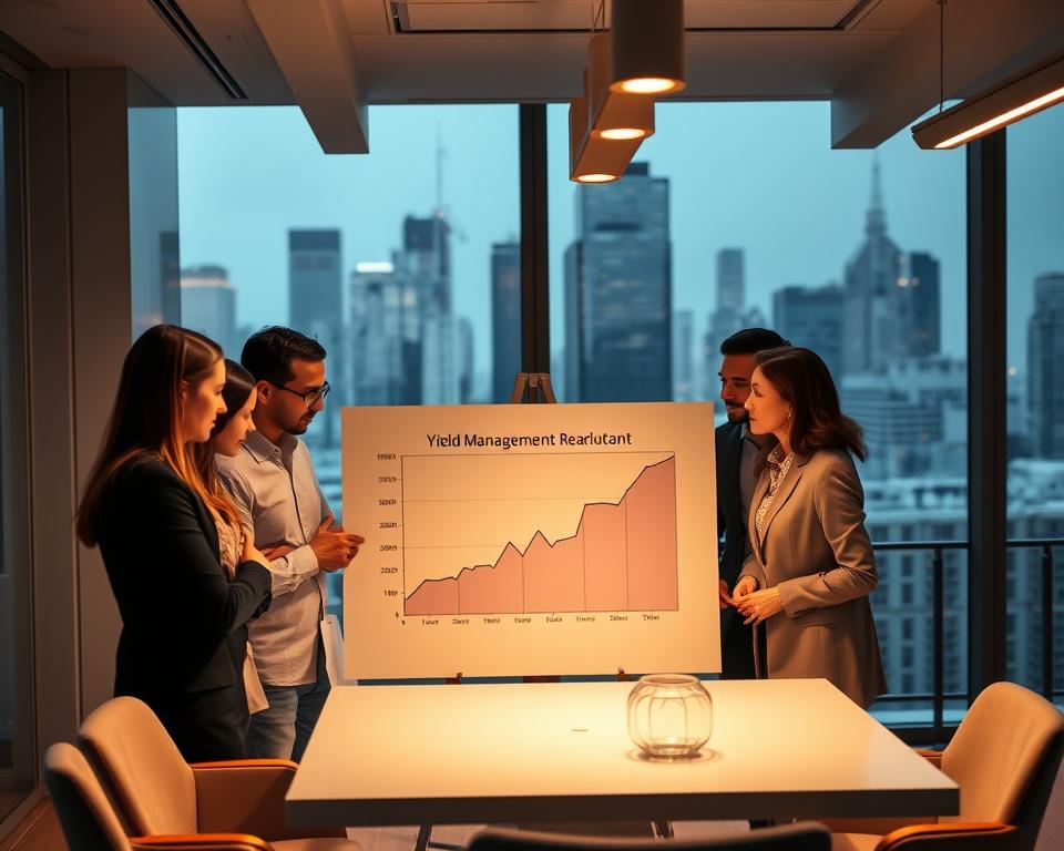 A sleek, modern office setting with a large whiteboard displaying a visually striking yield management graph. In the foreground, a diverse group of professionals intently discussing the data, their expressions animated as they collaborate. Warm, directional lighting from overhead fixtures casts a focused, productive atmosphere. The middle ground features a table with elegant minimalist decor, hinting at the considered design aesthetic. In the background, floor-to-ceiling windows overlook a bustling cityscape, reinforcing the context of strategic business decision-making. The overall mood conveys the importance of clear, effective communication in optimizing revenue through yield management principles.