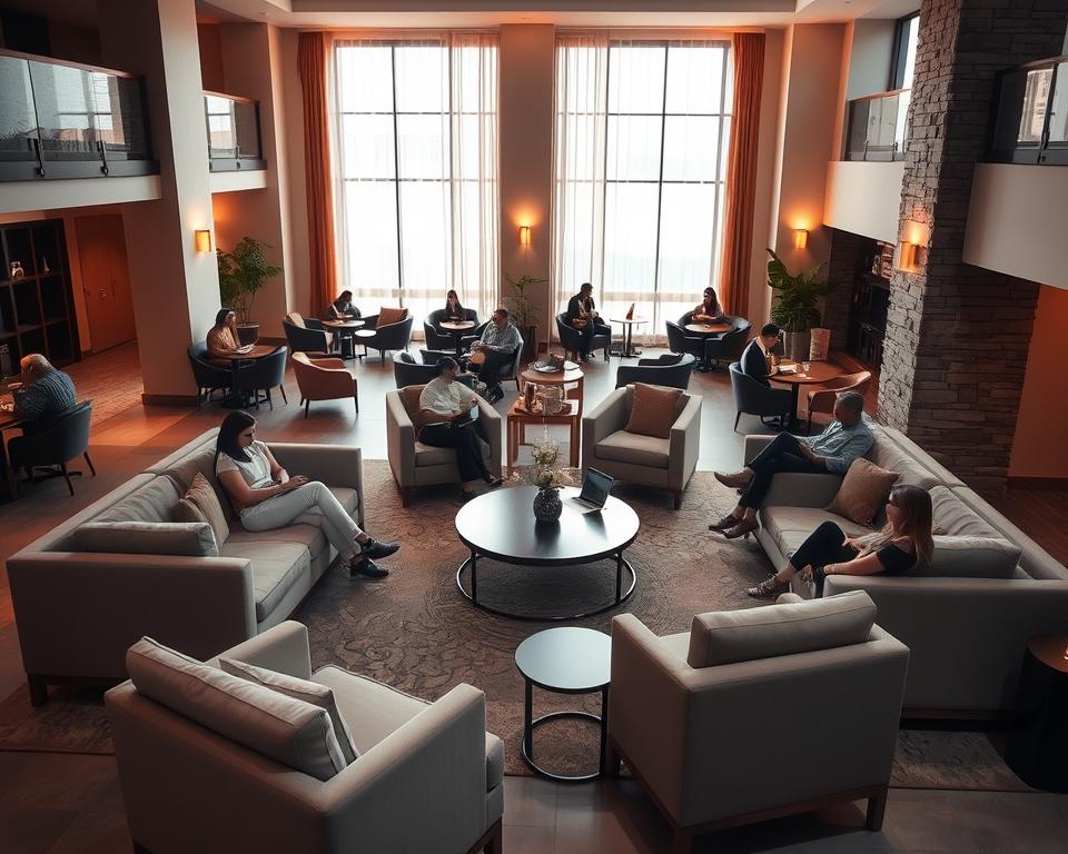 A spacious and inviting common area in a modern hotel or apartment complex. The scene features comfortable seating arrangements, including plush couches and armchairs, arranged around a central coffee table. Warm, diffused lighting filters in through large windows, creating a cozy and welcoming atmosphere. The decor is minimalist yet elegant, with subtle pops of color and natural textures, such as wood and stone, that blend seamlessly. People can be seen relaxing, conversing, or working on their laptops, conveying a sense of community and shared spaces. The overall impression is one of tranquility, relaxation, and the opportunity for social interaction and collaboration.