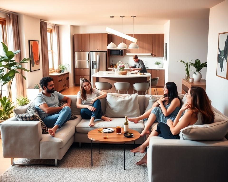 A vibrant, modern apartment interior showcasing Airbnb guests in a natural, relaxed setting. In the foreground, a group of friends lounge on a plush, minimalist sofa, engaged in lively conversation. Warm, diffused lighting from large windows creates a cozy, inviting atmosphere. In the middle ground, a well-appointed kitchen with sleek appliances and a central island, where a couple prepares a meal together. The background features elegant decor, including potted plants and abstract artwork, reflecting the tasteful, upscale aesthetic of the rental. An overall sense of comfort, hospitality, and the enjoyment of shared experiences pervades the scene.