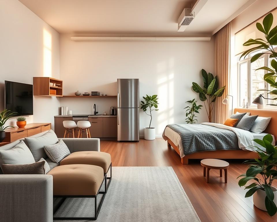 A visually captivating Airbnb listing with a minimalist, modern interior. The foreground features a stylishly decorated living space with a plush, neutral-toned sofa, sleek coffee table, and a large window bathed in warm, natural lighting. The middle ground showcases a well-equipped kitchenette with stainless steel appliances and a chic dining area. In the background, a serene, plant-filled bedroom with a cozy, inviting atmosphere. The overall mood is one of sophistication, comfort, and an aspirational lifestyle, drawing the viewer in and enticing them to book this alluring vacation rental.