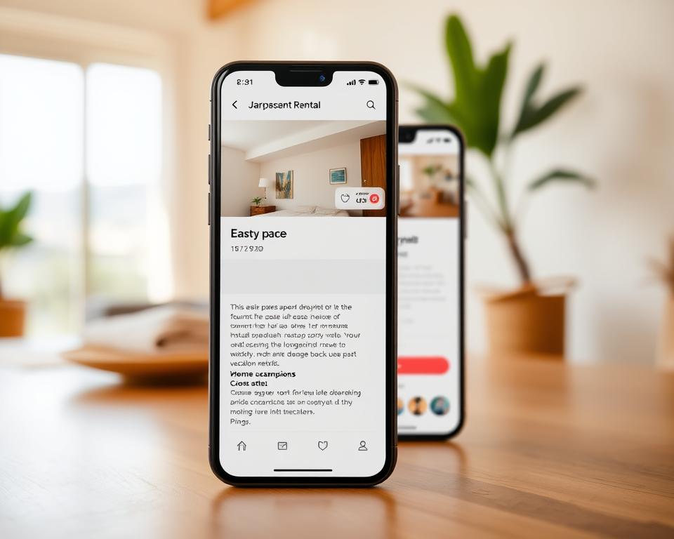 A well-designed and mobile-optimized Airbnb listing page with a clean, minimalist aesthetic. The foreground features a large, high-quality image of an inviting vacation rental, showcasing its key features. The middle ground presents a simple, legible layout with key details like property description, amenities, and pricing, all formatted for easy readability on a smartphone screen. The background has a subtle, blurred landscape or architectural element that complements the rental's style. Warm, natural lighting creates a cozy, welcoming atmosphere. The overall composition draws the viewer's eye through the page, highlighting the most important information in a visually engaging manner.