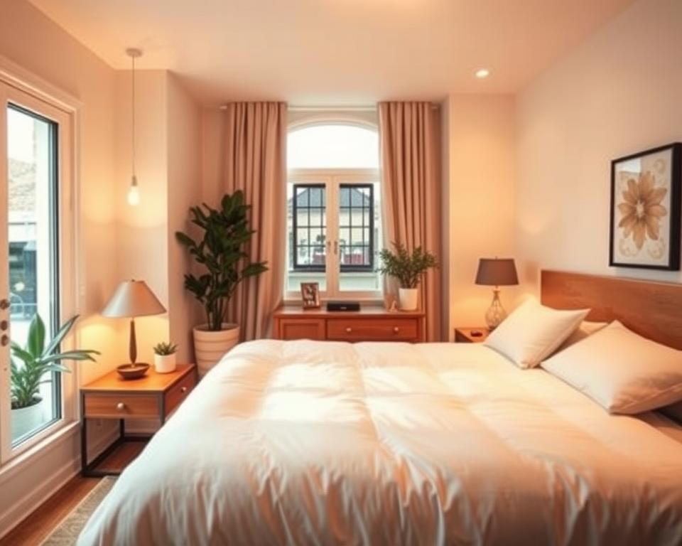A well-lit, high-quality Airbnb listing photo showcasing a cozy, inviting bedroom interior. The room is bathed in warm, soft lighting, with a large window providing natural illumination. The bed is neatly made with plush, high-quality linens, and tasteful decor accents like plants and artwork adorn the space. The angle captures the room in a visually appealing, three-quarter view, highlighting its spaciousness and elegant design. An atmosphere of comfort and relaxation pervades the scene, enticing viewers to imagine themselves as guests in this dreamy Airbnb accommodation.