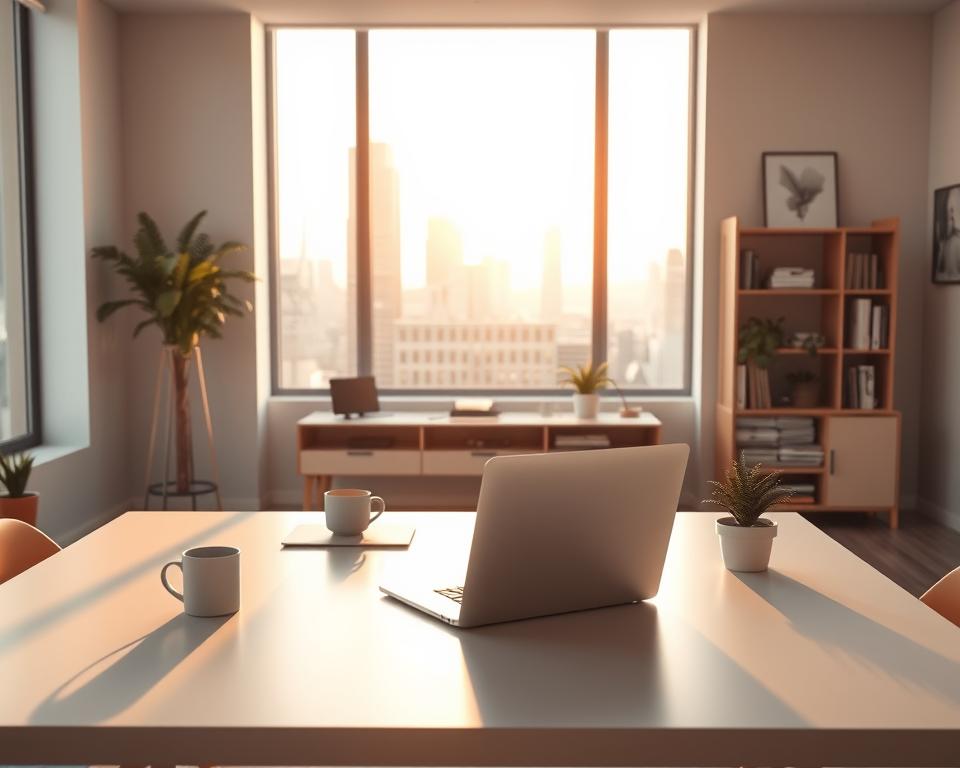 A well-lit minimalist office scene, with a large desk in the foreground featuring a laptop, coffee mug, and a small potted plant. In the middle ground, a large window overlooking a cityscape, filtering warm natural light into the space. The background showcases a clean, organized bookshelf and a few pieces of abstract wall art, creating a sense of balance and tranquility. The overall mood is one of focus, productivity, and a thoughtful approach to optimization.