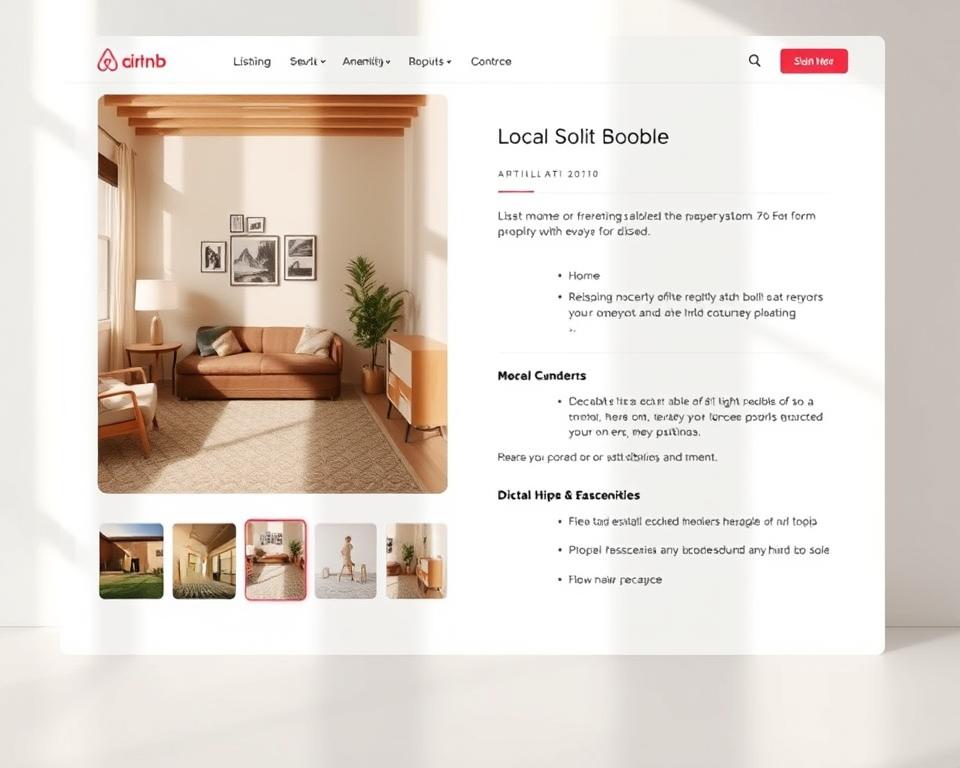 A well-structured and visually appealing Airbnb listing page, showcasing a clean, minimalist design with a focus on readability. The page features a prominent hero image showcasing a cozy, inviting living space, complemented by a neatly organized layout of key information, including property details, amenities, and a clear call-to-action. The typography is crisp and legible, with a harmonious color palette that enhances the overall aesthetic. The arrangement of content blocks and strategic use of whitespace create a visually balanced and user-friendly experience, guiding the viewer's attention to the most important details. Subtle, natural lighting casts a warm, welcoming glow, further accentuating the serene and inviting atmosphere of the Airbnb listing.