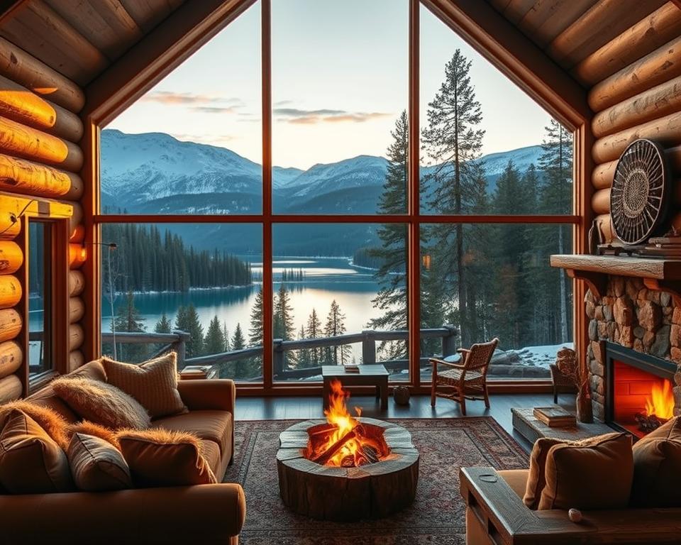 An immersive Airbnb rental nestled in a cozy mountain cabin, bathed in warm, golden-hour lighting. The rustic, wooden exterior blends seamlessly with the lush, evergreen forest in the background. Through the large, picture windows, a breathtaking panoramic view of snow-capped peaks and a serene, crystalline lake unfolds. Inside, the space is filled with inviting, natural textures - plush, earthy-toned fabrics, polished wood furnishings, and a roaring fireplace that casts a flickering glow. This serene, secluded haven exudes a sense of tranquility and escape, beckoning the viewer to step inside and lose themselves in the peaceful, mountain retreat.